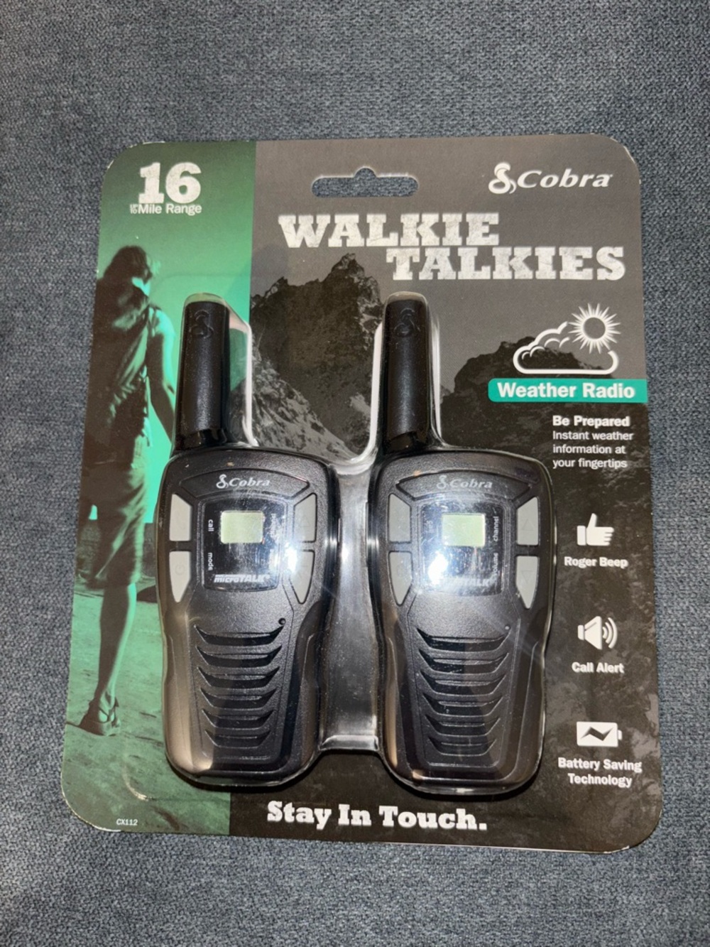 Cobra Black Walkie Talkies with Weather Radio - 16 Mile Range (Twin Pack)